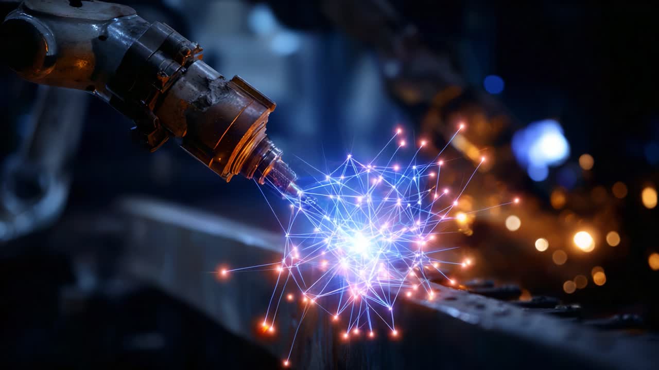 Tampilan dari Dekat Lengan Robot Tingkat Lanjut yang Menciptakan Percikan Energi di Lingkungan Manufaktur Teknologi Tinggi, Menampilkan Inovasi dan Rekayasa Presisi