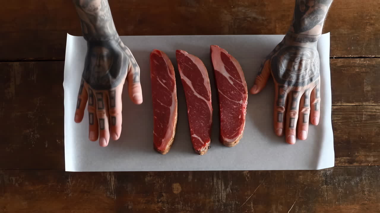 Raw Meat Steaks with Tattooed Hands on Wooden Table