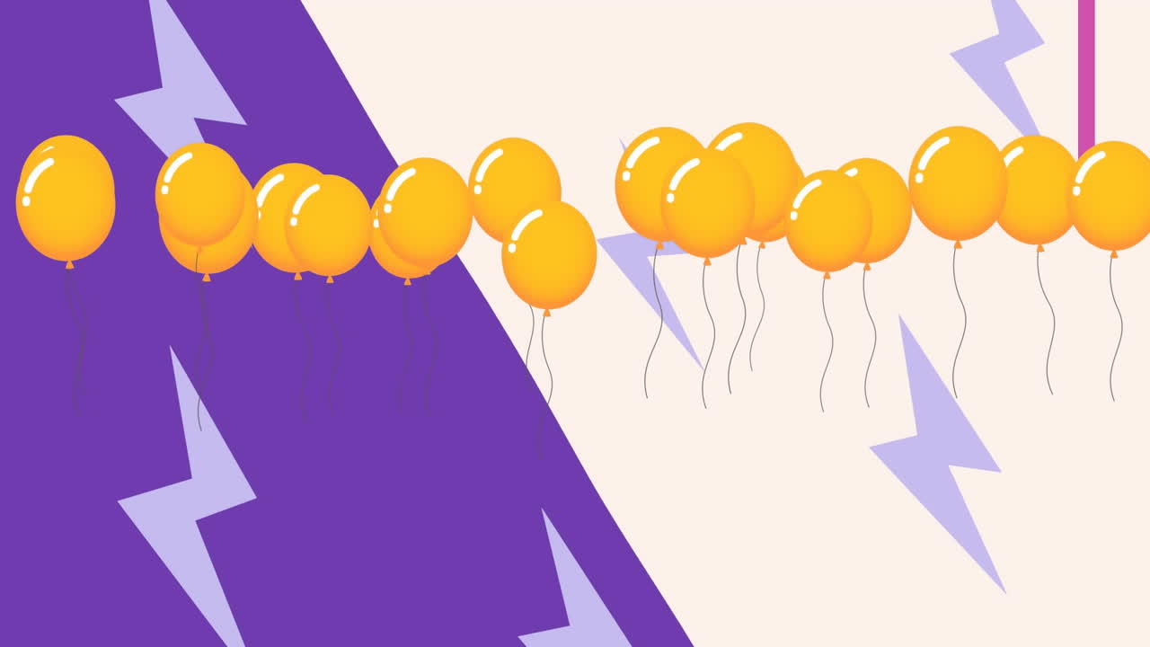 animación de globos amarillos sobre formas de fondo beige.