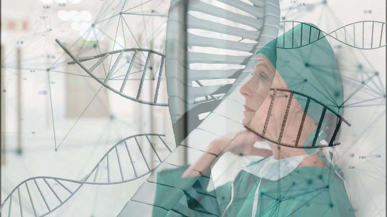 Female patient resting head on hand in hospital bed overlaying DNA network graphics for healthcare