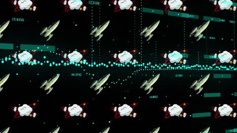 animación de gráficos y procesamiento de datos sobre cohetes y nubes sobre fondo negro.