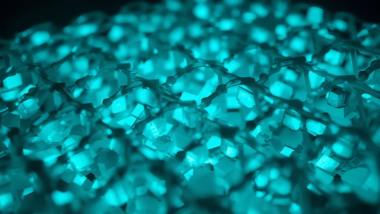 Spostamento della messa a fuoco, carrellata che rivela perle sfaccettate che luccicano in uno studio buio con luce LED color ottanio