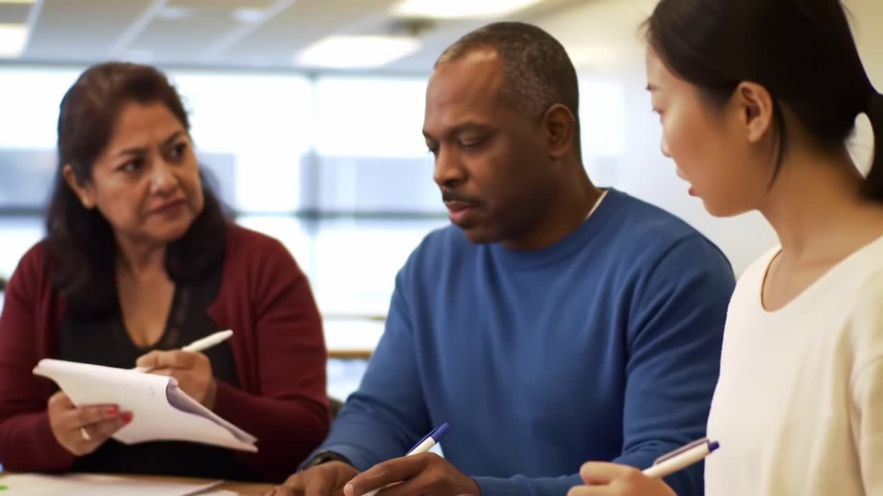 Group of Individuals Engaged in Collaborative Discussion Over Printed Documents in a Bright Modern Workspace, Fostering Teamwork and Communication Skills