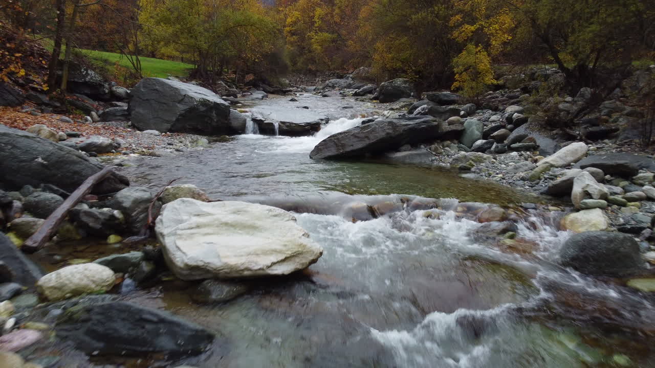 Vista aerea di un fiume in una foresta di montagna con fogliame autunnale di alberi rossi e gialli