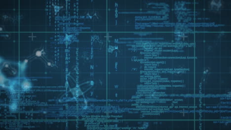 Animation of molecules over data processing on black background