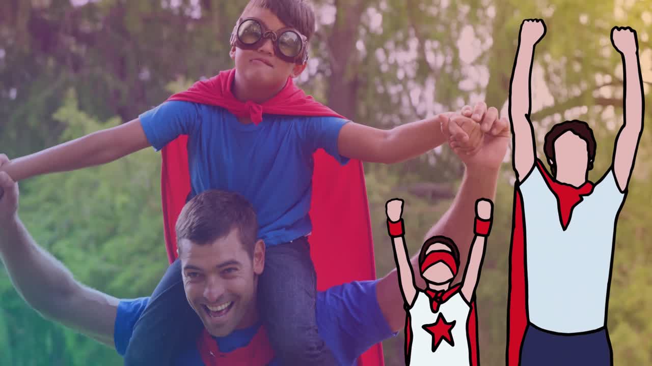 animación de superhéroes sobre padre y hijo caucásicos felices vestidos como superhéroes en el parque