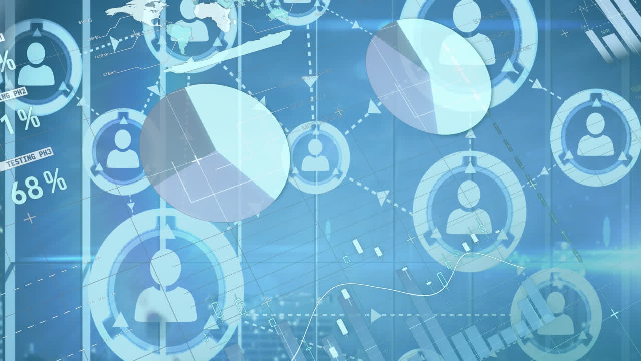 연결된 사람 아이콘의 애니메이션과 떠다니는 금융 그래프