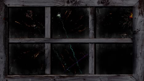 Animation-of-window-with-colourful-christmas-and-new-year-fireworks-exploding-on-black-background