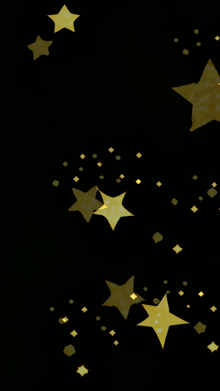 Vertical video: Holding still, golden stars with sparkles drifting in black void, creating twinkle