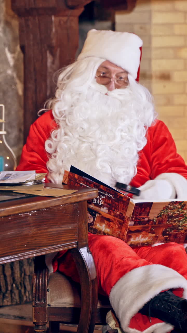 Santa reading magic book. Joyful Santa Claus sitting in decorated room and reading a book at New year. Christmas spirit concept. Vertical video