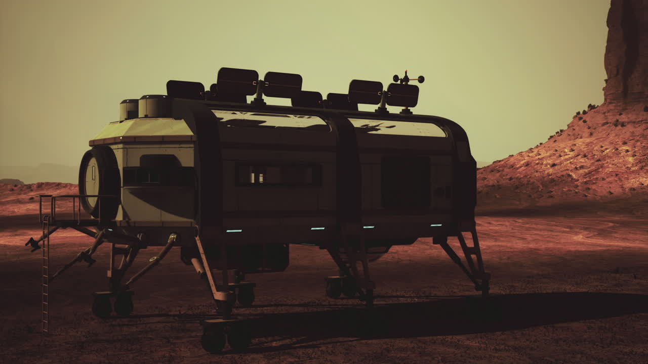 Futuristinen elinympäristö Marsissa auringonlaskun aikaan, jossa on esillä edistyksellinen design ja teknologia