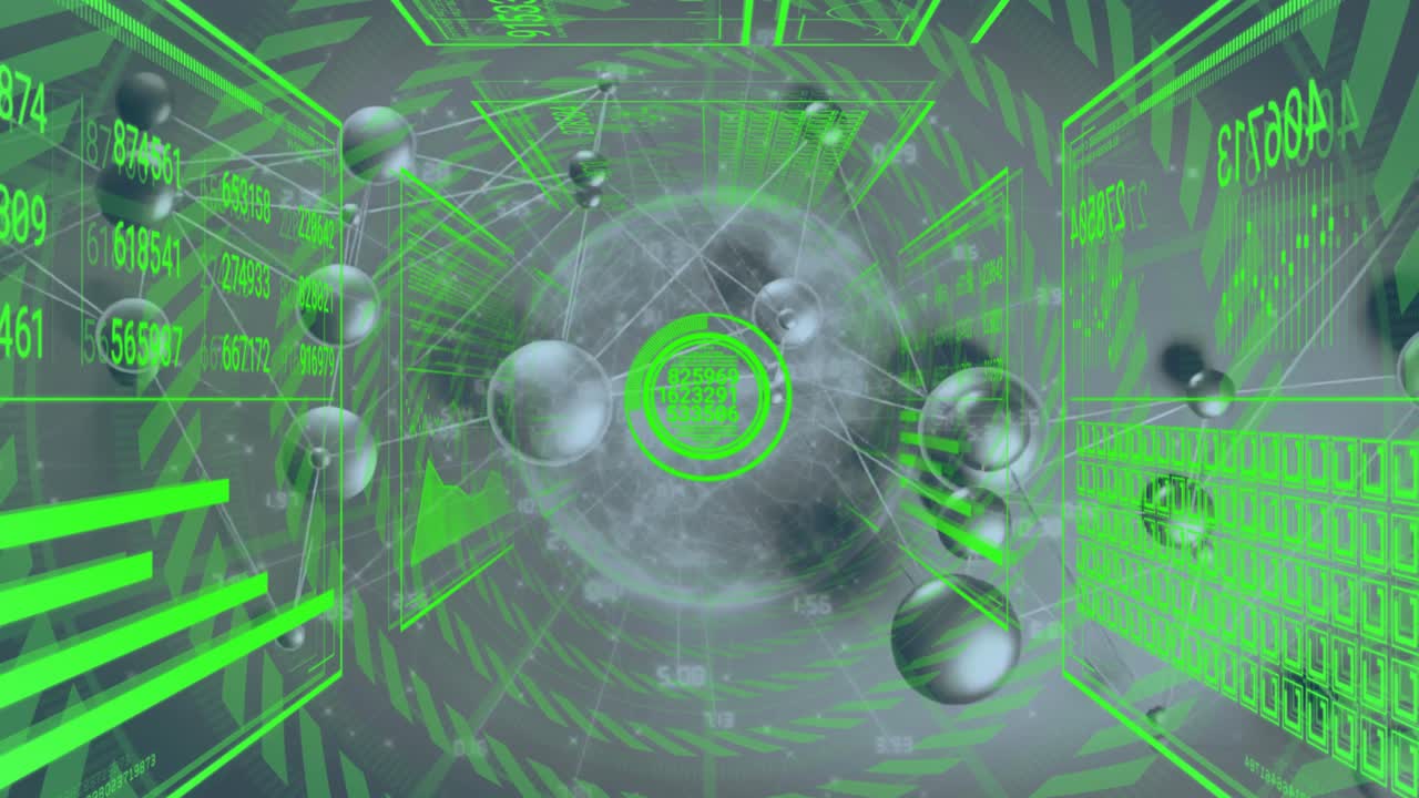 Central target pulsing, molecular nodes connecting orbiting while HUD updating, displaying data