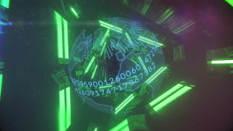 globo digital con código binario y luces de neón verdes, animación de visualización de datos futurista