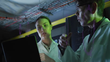 discussing data on laptop, scientists in lab coats with green lighting