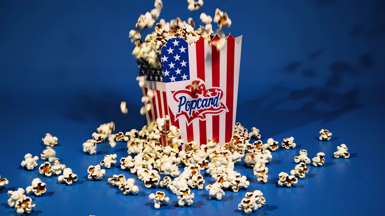 Popcorn exploding from a USA flag decorated container against a vibrant blue background creates a dynamic scene perfect for celebrations and movie nights