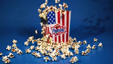 popcorn exploding from a usa flag decorated container against a vibrant blue background creates a dynamic scene perfect for celebrations and movie nights