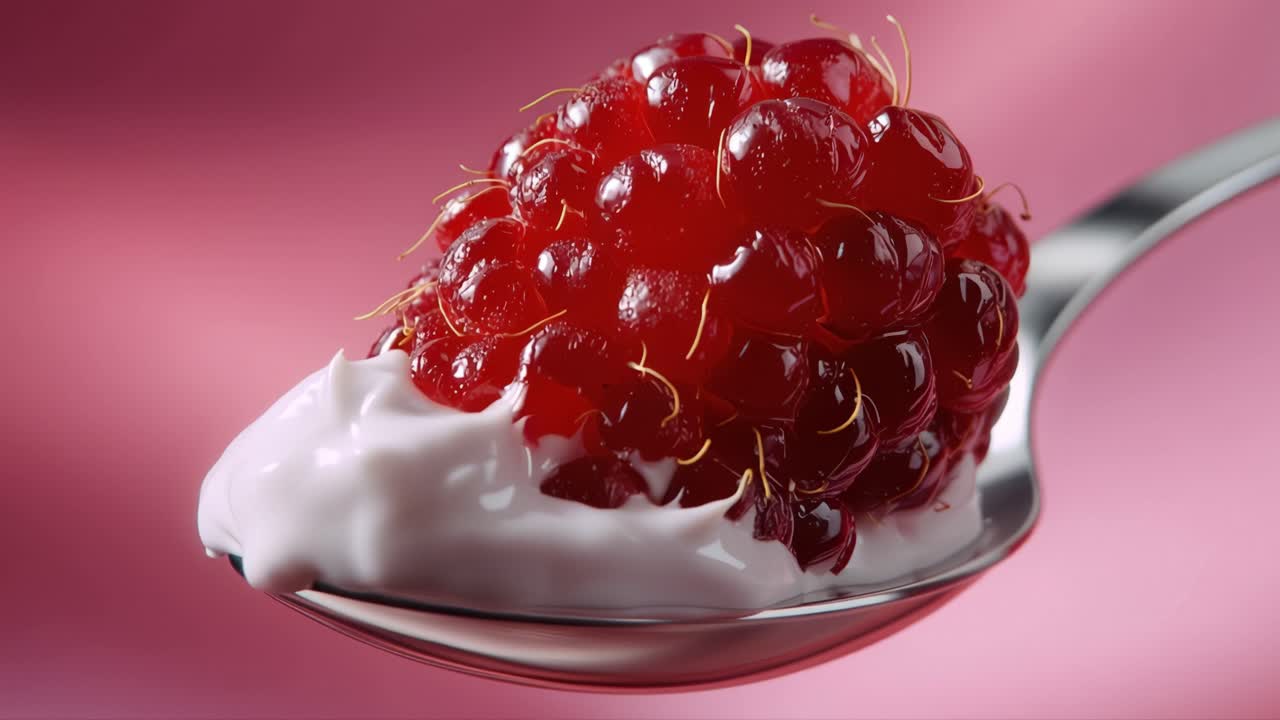 Close-up of Red Berries and White Yogurt on a Spoon