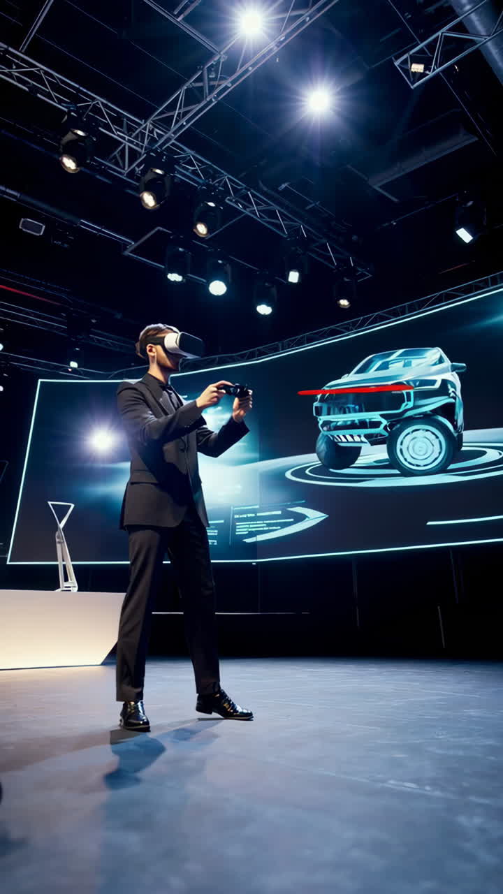 Man Interacting with a 3D Car Model via VR Headset at a Technology Exhibition