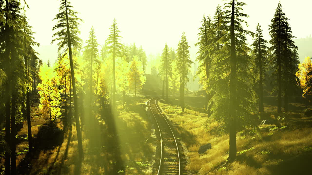 Sunlight filters through trees beside a winding railway track in autumn