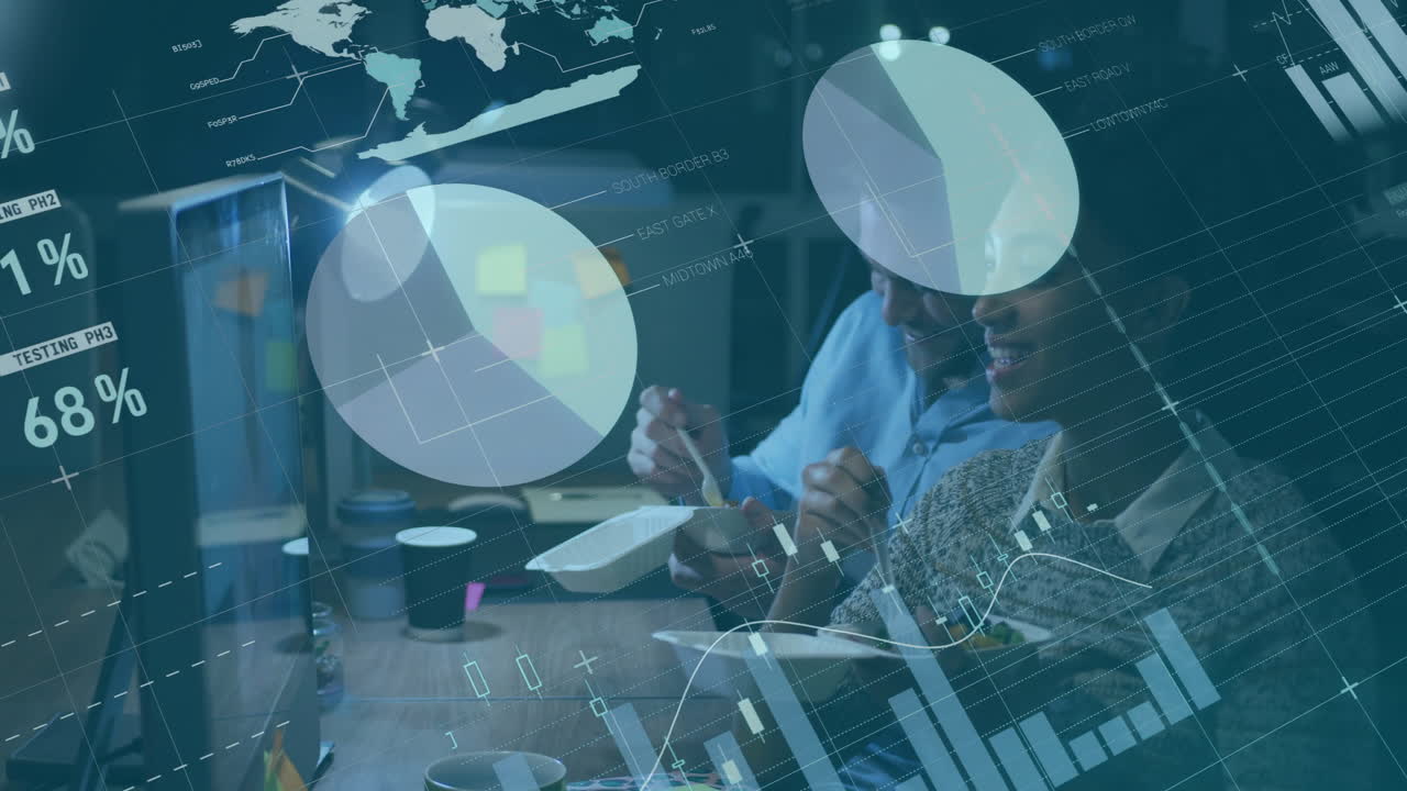 Animation of financial data processing over diverse business people in office