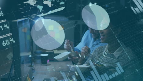 animation of financial data processing over diverse business people in office