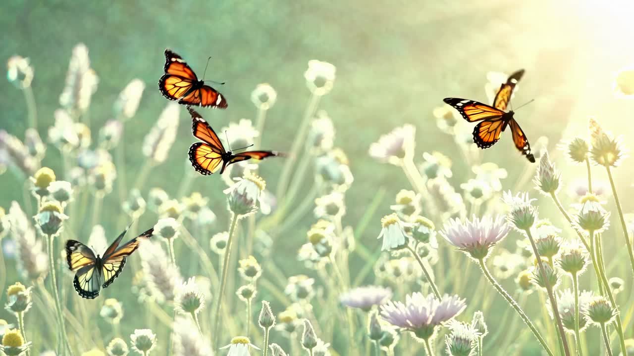 A serene video scene of butterflies fluttering over a sunlit meadow, captured from a low angle