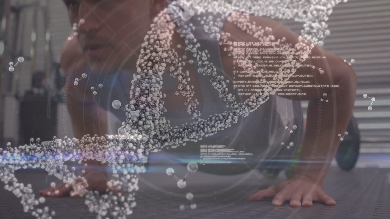 데이터 프로세싱과 강인한 사람의 운동을 하는 dna 가닥의 애니메이션