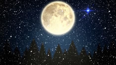 animation of snow falling over moon and winter scenery with fir trees