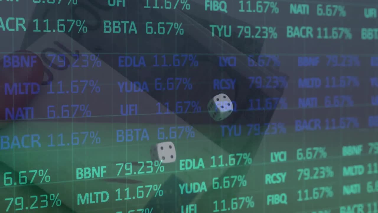 두 개의 주사위와 녹색 배경의 유로 통화 지폐에 대한 금융 데이터 처리 애니메이션