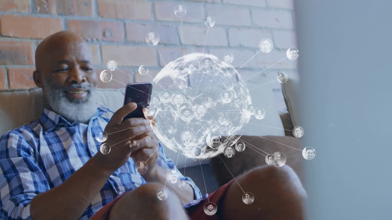 Animation of network of connections and globe over african american man using smartphone