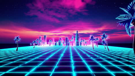 synthwave cityscape with neon grid and palm trees