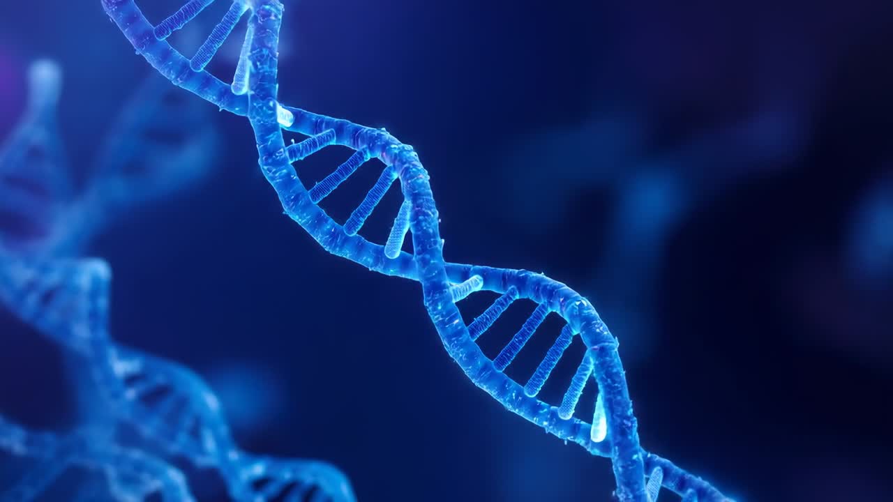 Inquadratura che si allontana rivelando un’elica di DNA blu che ruota e si propaga in un contesto molecolare che mostra i pioli