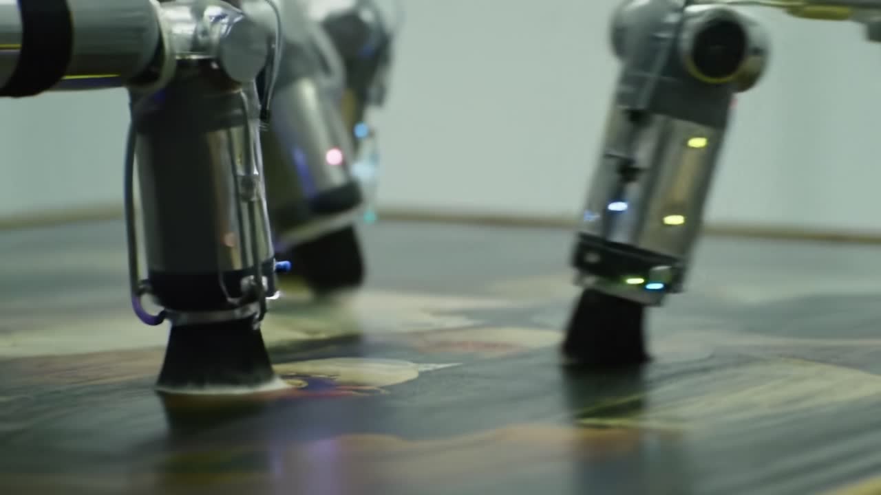 Advanced Robotic Arms Collaborating in Intricate Pattern Creation on a Surface, Showcasing Precision and Innovation in Automation Technology