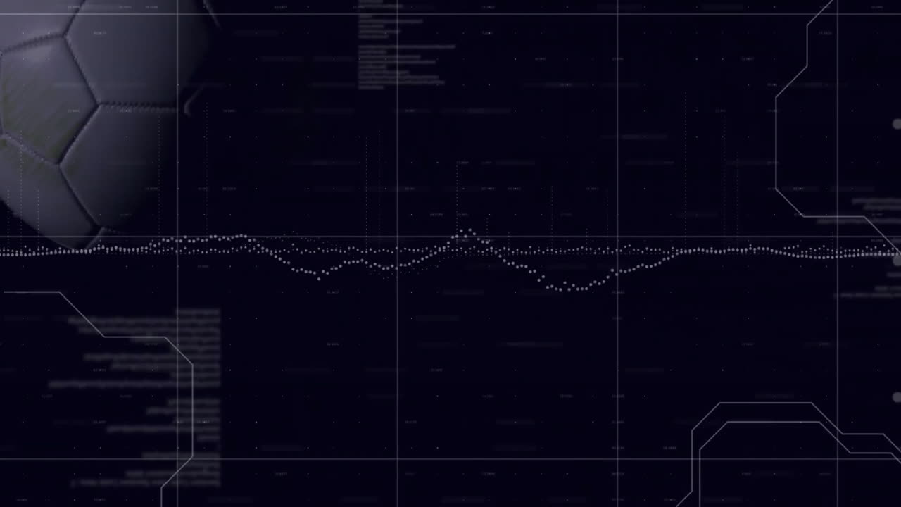 Animation of programming language and soccer ball moving on black background