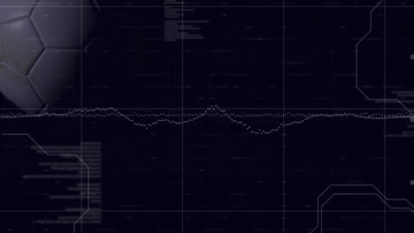 animation of programming language and soccer ball moving on black background