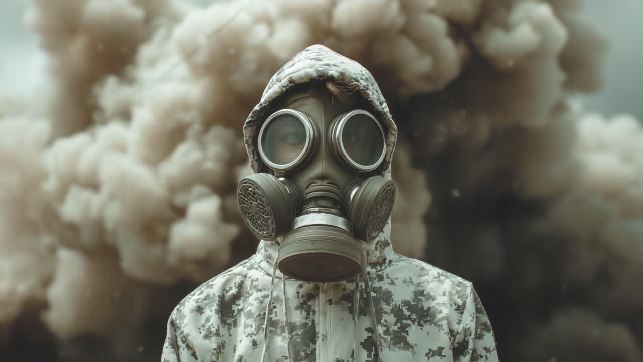 Una figura si erge risoluta in mezzo a una nuvola di fumo vorticoso, incarnando temi di sopravvivenza e resilienza mentre indossa una maschera antigas protettiva e un abbigliamento mimetico urbano