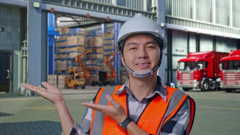 close up of asian male engineer with safety helmet smiling and pointing to side while standing , outside of logistics distributions warehouse