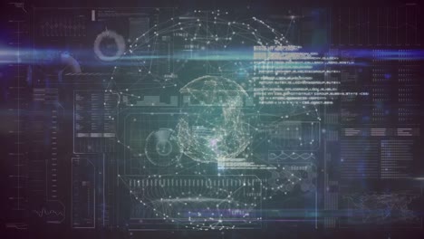 animation of connections and data processing on digital screen with globe