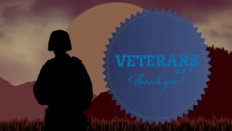 animation of veterans day text over american soldier and silhouettes of mountains