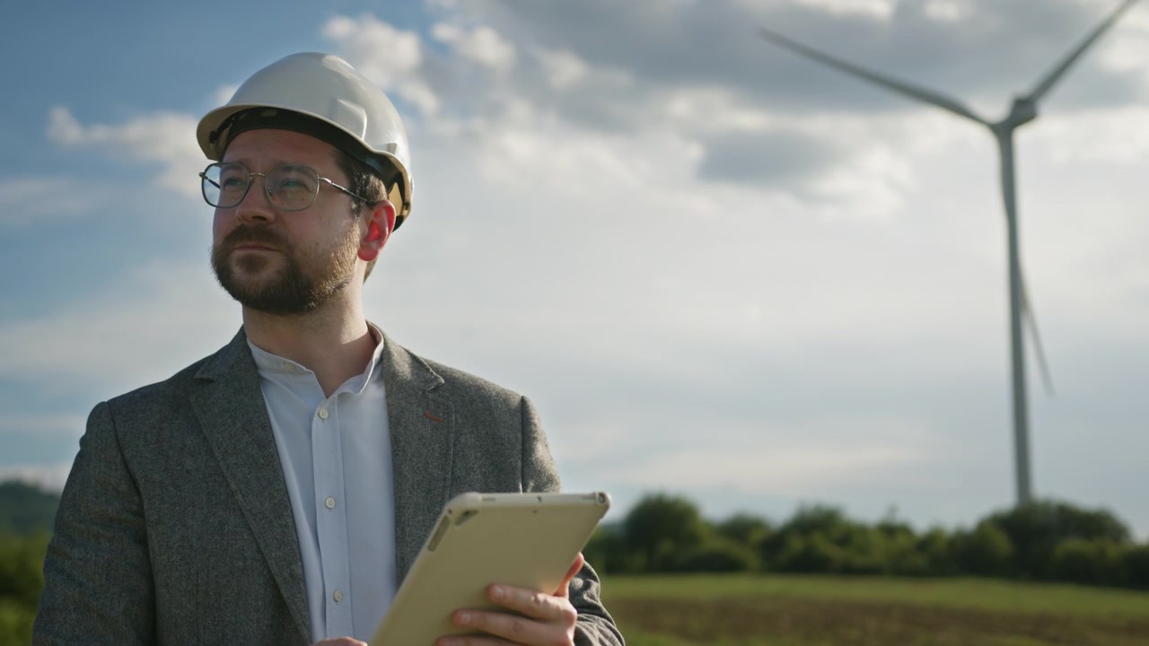 Man in hard hat and suit holds tablet computer in field with wind turbine and cloudy sky renewable