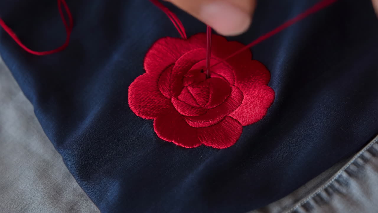 Close-up of Hand Embroidering a Red Rose on Fabric