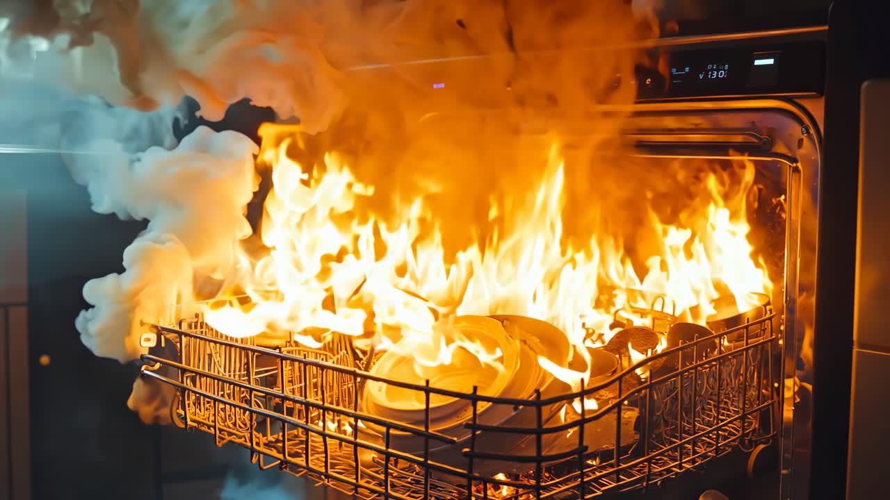 불에 타고 있는 많은 접시를 가진 접시 세탁기