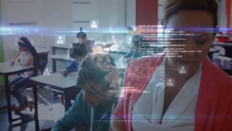 animation of networks of connections with icons and data over female teacher and school children