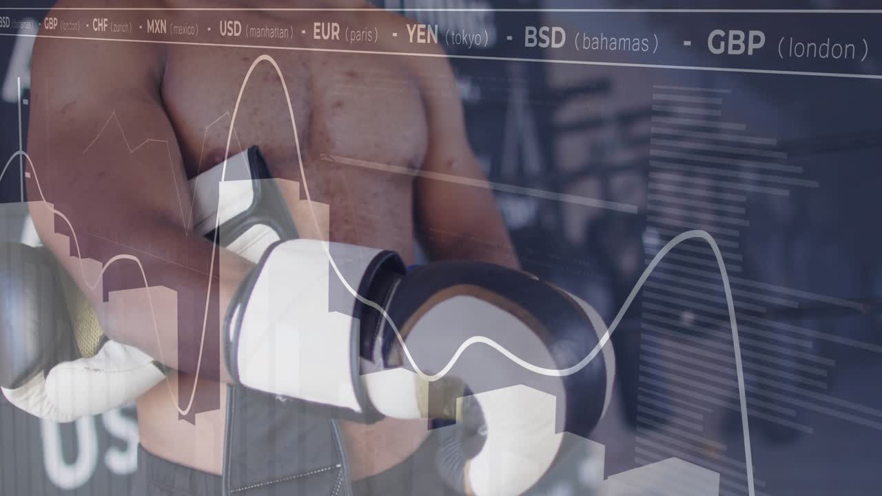 Finance ticker updating, shirtless boxer slipping on gloves and winding underwrap for training