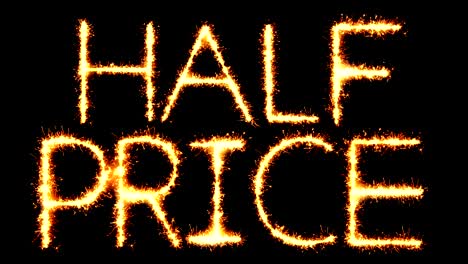 half prices text sparkler glitter sparks firework loop animation