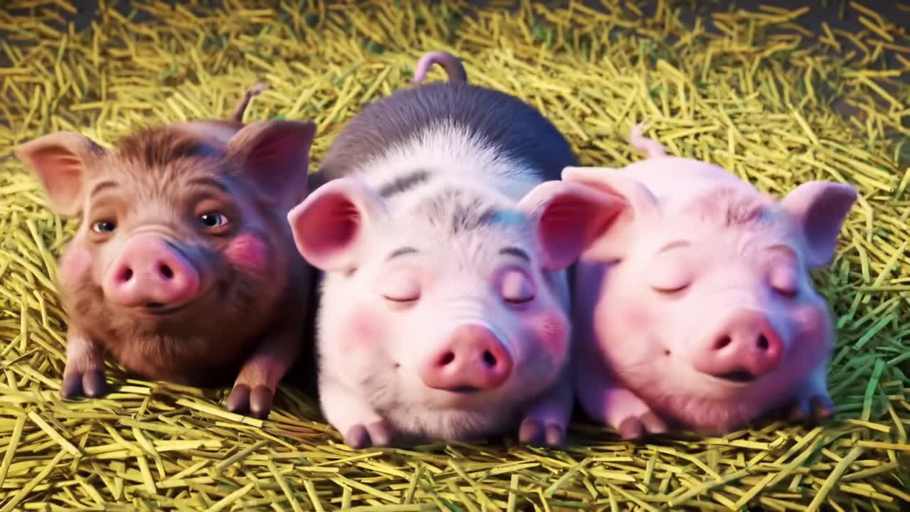 Three Adorable Cartoon Pigs with Expressive Faces Resting on Hay in a Colorful Animated Scene, Capturing Their Playfulness and Charm in a Whimsical Setting