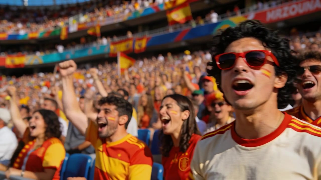 Aficionado masculino gritando, con gafas de sol rojas y pintura facial, reaccionando a una jugada en el estadio, ondeando banderas.