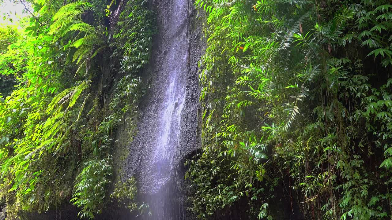 Flat face fall waterfall flows gracefully down the smooth cliff in tropical forest