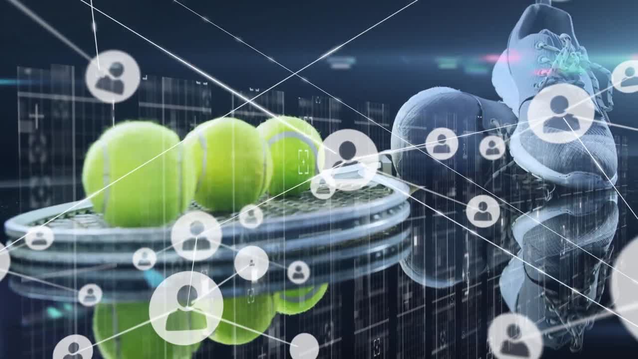 테니스 라켓, 신발, 공을 통해 사람들과 연결되는 네트워크 아이콘의 애니메이션