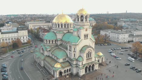 Cathedral-Saint-Aleksandar-Nevski-in-Sofia,-Bulgaria---Aerial-view